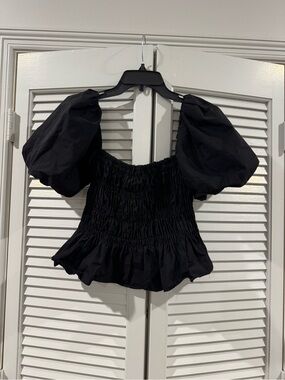 Astr Black Smocked Puff Sleeve Top